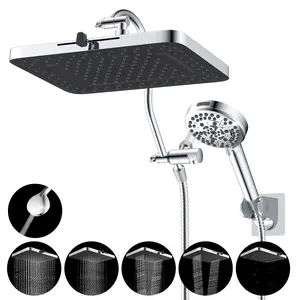 Hibbent Upgraded 5-spray 13'' Shower Head, High Pressure Rainfall Shower Head, Dual Showerhead Combo with 10-mode Handheld Spray, 12'' Adjustable Extension Arm, 71'' Hose