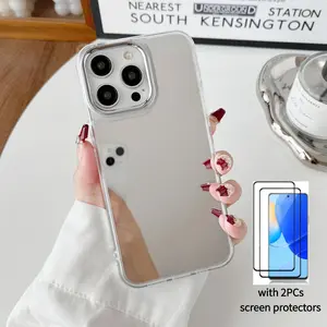 Mirror Case for iPhone 17/16/15/14/13/12/11 Pro Max with 2PCs Tempered Glass Screen Protectors, Mirror for Girls Women Makeup, TPU Frame Acrylic Mirror Back, Slim Fit Anti-Drop Shockproof Protective Case for iPhone 17 Pro Max