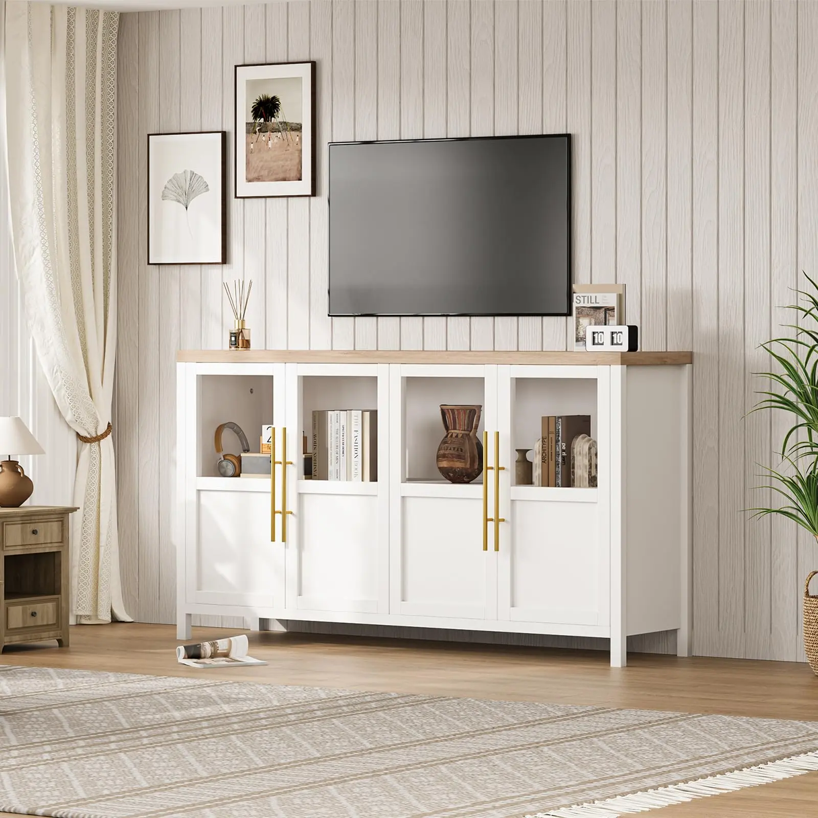 White Wood Sideboard Buffet Cabinet - 55in Sturdy Modern Home Furniture Storage with 4 Glass Doors, Waterproof Display Cupboard for Kitchen, Dining Room