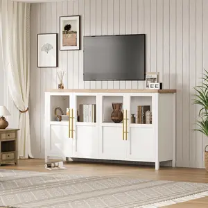 White Sideboard Buffet Cabinet with 4 Glass Doors, 55 in Buffet Table Coffee Bar Wine Bar Display Cabinet for Kitchen Dining Room, Living Room