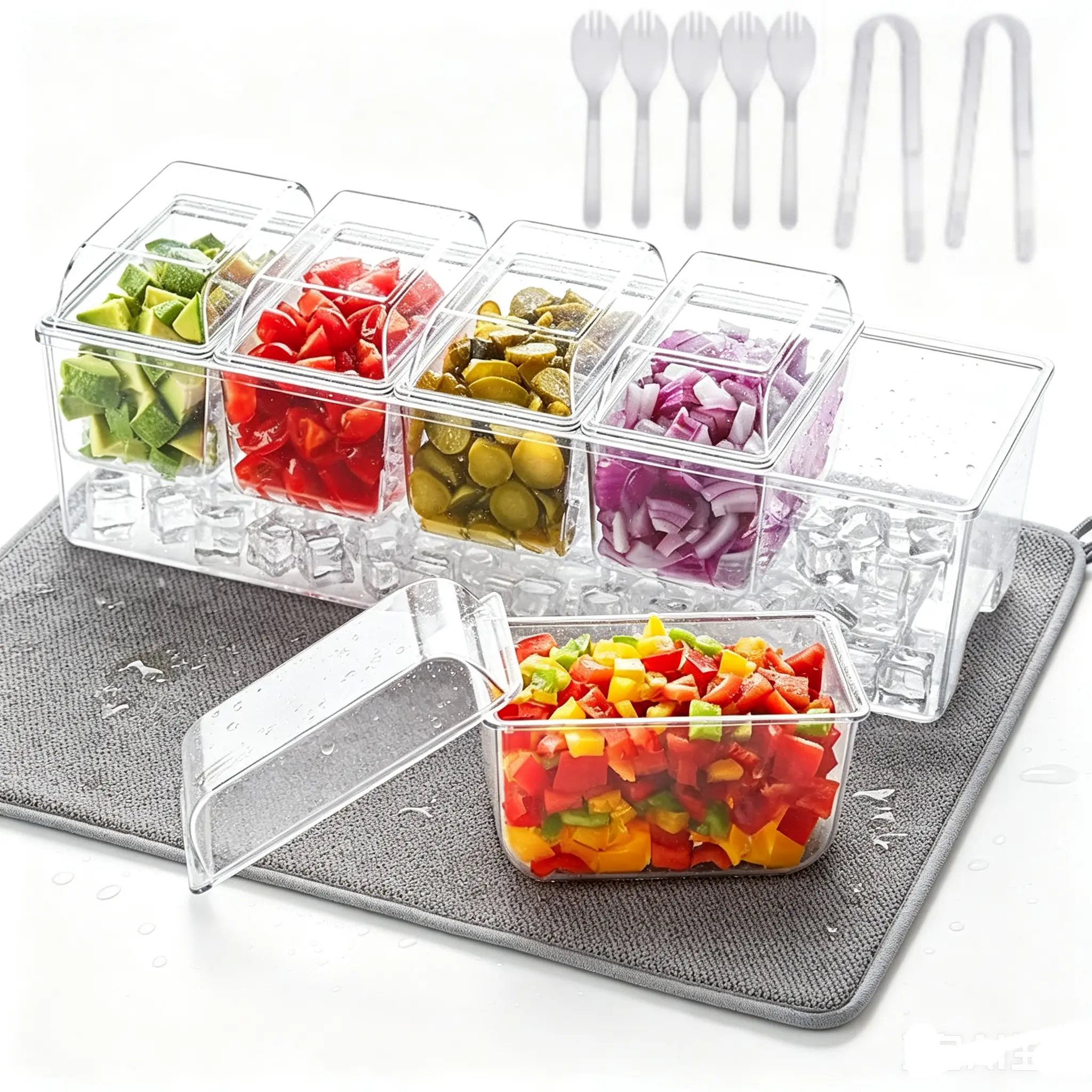 Stackable Durable Smooth Plastic Cooling Condiment Organizer with Detachable Thick-Lid, 5 Removable Reusable Detachable Boxes, Transparent Fruit Veggie Garnish Tray & Water-Absorbent Microfiber Mat for Home Bar, Kitchen