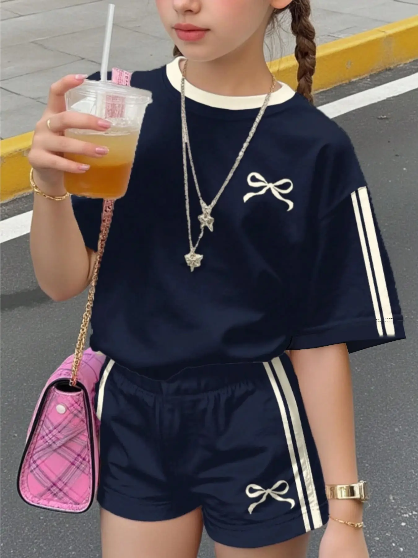 Teen Girls Casual Set, Mini Bow Decor, Contrast Cream Striped Short Sleeve Round Neck Top and Shorts, Summer & Fall Comfortable Clothing, Summer Clothes Set, Outfits, Fashion Style Sets