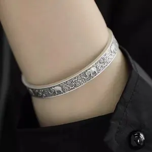 Vintage S925 Sterling Silver Elephant Bracelet  — Retro Floral-Embossed Open Cuff, Ethnic-Style Adjustable Wrist Jewelry, Auspicious Totem Gift