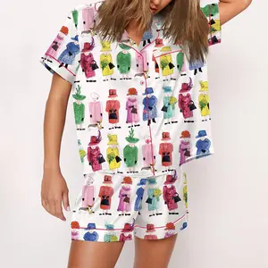 Queen Elizabeth II Rainbow Pajama Set For Women Print Comfy Satin Sleepwear & Loungewear Pjs Short Sleeve Top & Bottoms Shorts Without Pockets - SHESHOW