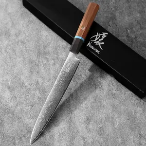 YUANREN Signature Edition | 9.5'' Sujihiki Double Beveled Sushi Knife Damascus VG10 Stainless Steel 67 Layers Rosewood Ebony Combined Handle Turquoise Ring Mosaic Pin