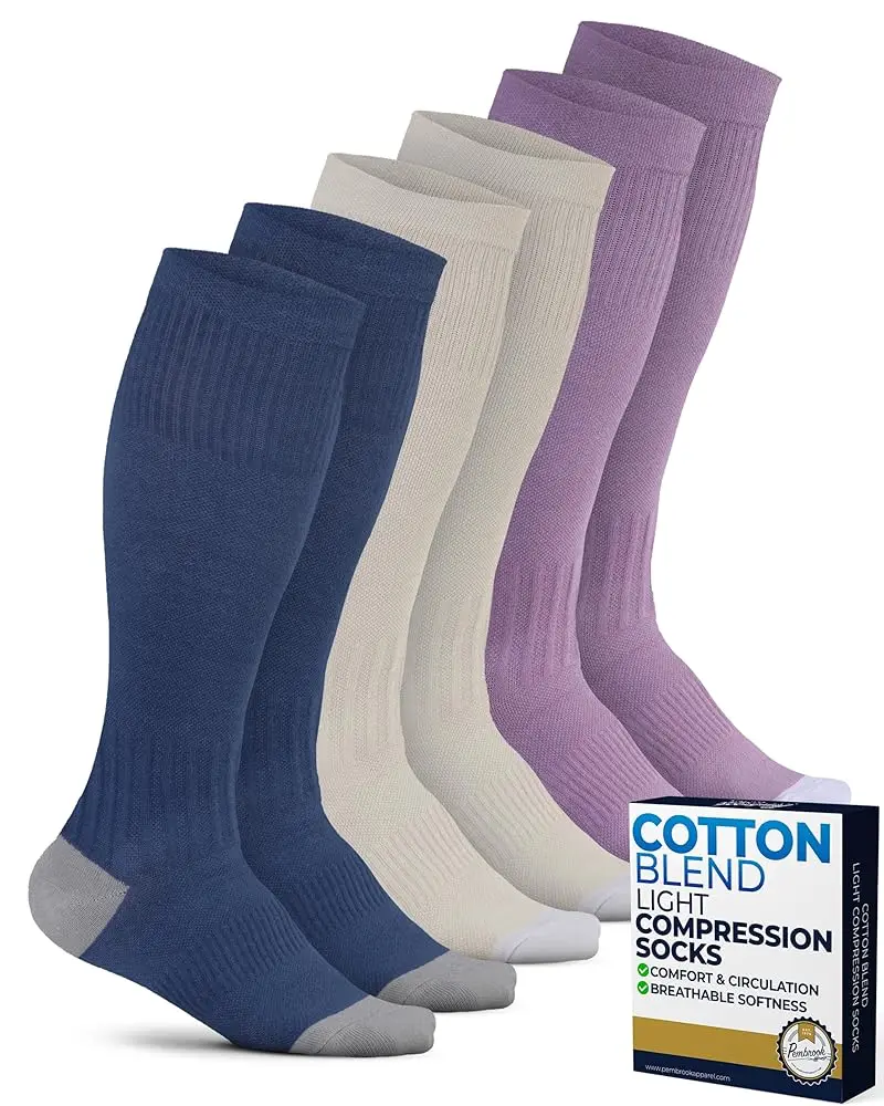 Pembrook Women's Smooth Cotton Compression Socks, 3 Pairs, Knee High 8-15 mmHg Light Support for Maternity, Fatigue Relief & Selfcare (Cream/Blue/Rose) Fit Leg, Ladies, Everyday, Compression Stockings, Anti-Snagging Knee-High Socks, Ankle Knee-High Socks