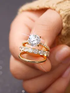 3Pcs Elegant CZ Ring Set, 18K Gold Tone Plated, Round Cubic Zirconia Stackable Rings, Stylish Finger Accessories for Women, Perfect Gift for Wedding Party Daily Wear