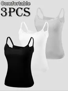 🔥6 PCS Women's Seamless Lace-Trimmed Camisoles, Spaghetti Strap, Slimming & Breathable, Multi-Color Set, Ideal for Layering or Daily Wear, Essential for Women's Wardrobe!