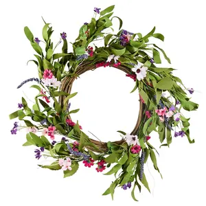 VEVOR Artificial Decorative Wreath,  22 in, Pink Green, Decorated with Daisies, Babysbreath, Buds, Year Round Wreath for All Seasons Indoor and Outdoor Home Wall Window Festival Wedding Decorations