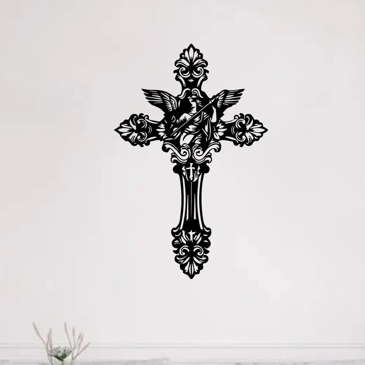 1 piece of retro angel wings and floral metal wall art - powder coated iron Christian home decoration, suitable for living rooms, Christmas, weddings - cross wall decoration, angel wing design, fine craftsmanship, high-quality handmade, holiday decoration
