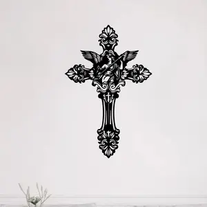 1 piece of retro angel wings and floral metal wall art - powder coated iron Christian home decoration, suitable for living rooms, Christmas, weddings - cross wall decoration, angel wing design, fine craftsmanship, high-quality handmade, holiday decoration