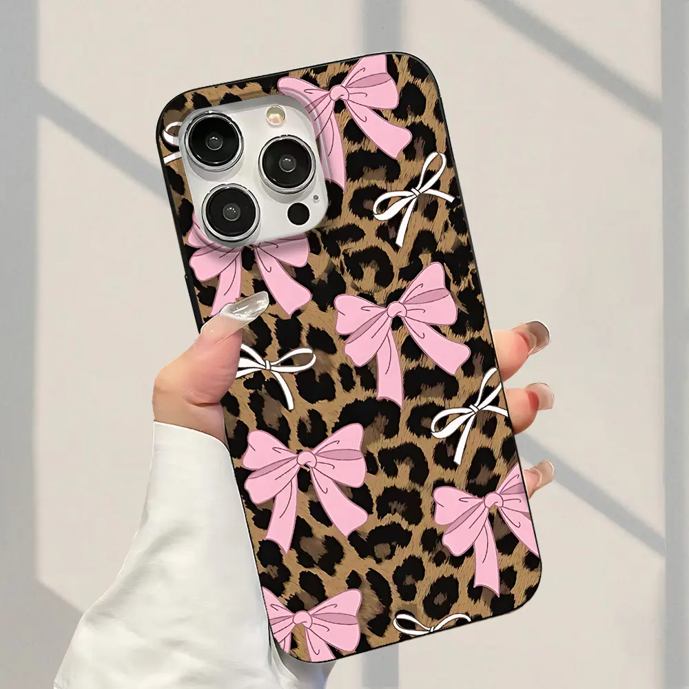 Matte TPU Mobile Phone Case - Fashionable Leopard Print, Bowknot Design, Large-Hole Soft Protective Cover for iPhone 7,8,11,12,13,14,15,16 Pro,16 Plus, Iphone 16 Plus