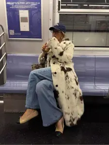 Women's Cow Print Faux Fur Coat, Thick Warm Long Jacket for Fall & Winter, Eco-Friendly Imitation Leather Outerwear