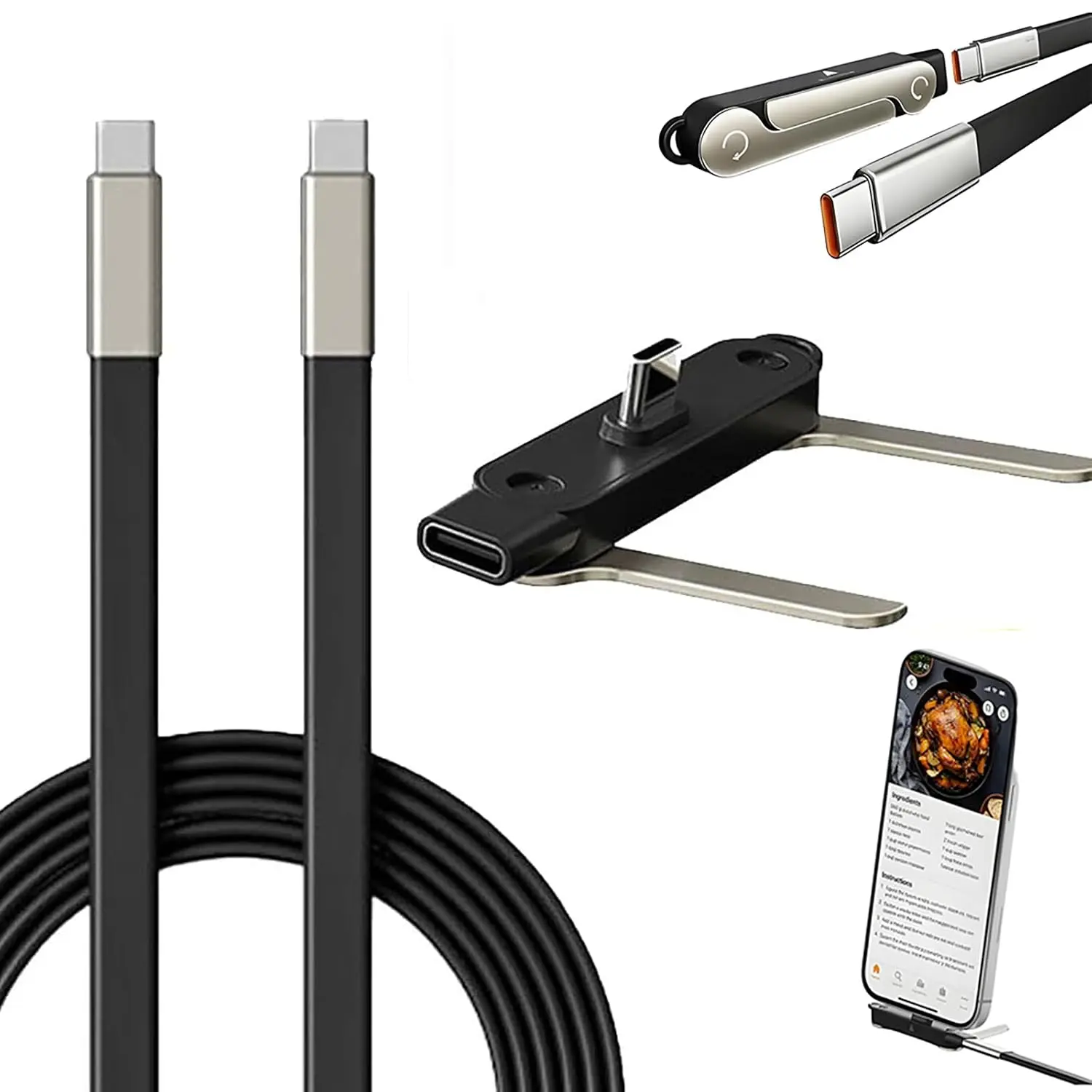 Safring 240W Universal Type-C Phone Charger - Multi-Charging Cable Chargers, Super Fast Charging, Silicone Cable, Detachable Stand Holder Mount, 90° Angle Type-C Plug, 480 Mbps Data Transfer Speed