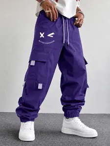 Men’s purple cargo jogger pants featuring a “Better Tomorrow” print, crafted from tear-resistant, skin-friendly fabric. Multiple cargo pockets are paired with an adjustable drawstring waist, suitable for streetwear, casual gatherings, and commuting.