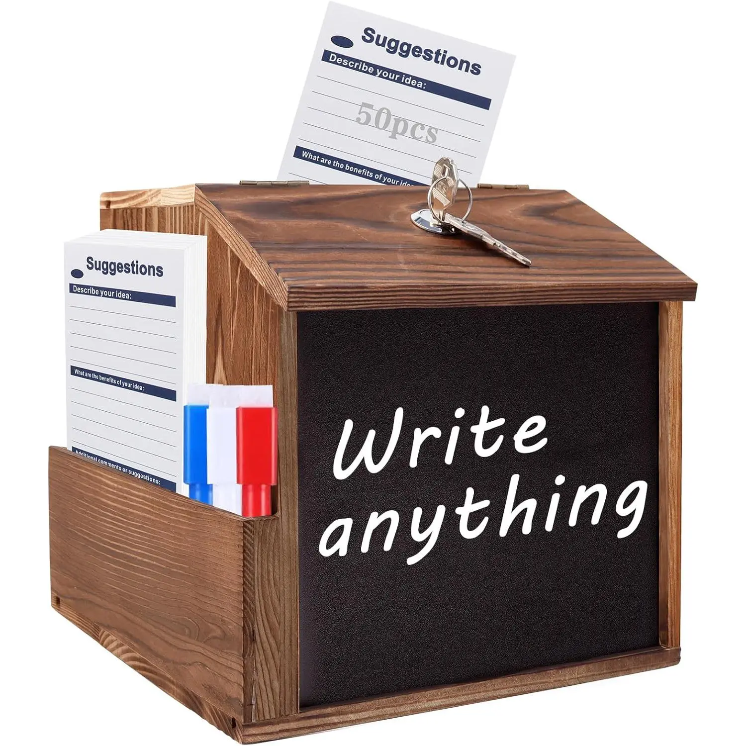 Wood Suggestion Box with Slot and Lock,Wooden Tip Money Drop Donation Boxes For Saving Fundraising,Prayer Ballot Comment Box Countertop Wall Mounted with Chalkboard and Keys for Church,Wedding