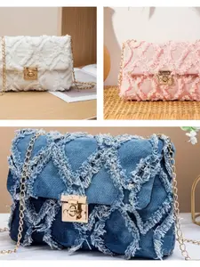 Women's Denim Crossbody Bag, Fashion Lock Design, Metal Chain Strap, Casual Versatile Shoulder Bag, Stylish Small Square Handbag, Denim Chain Purse