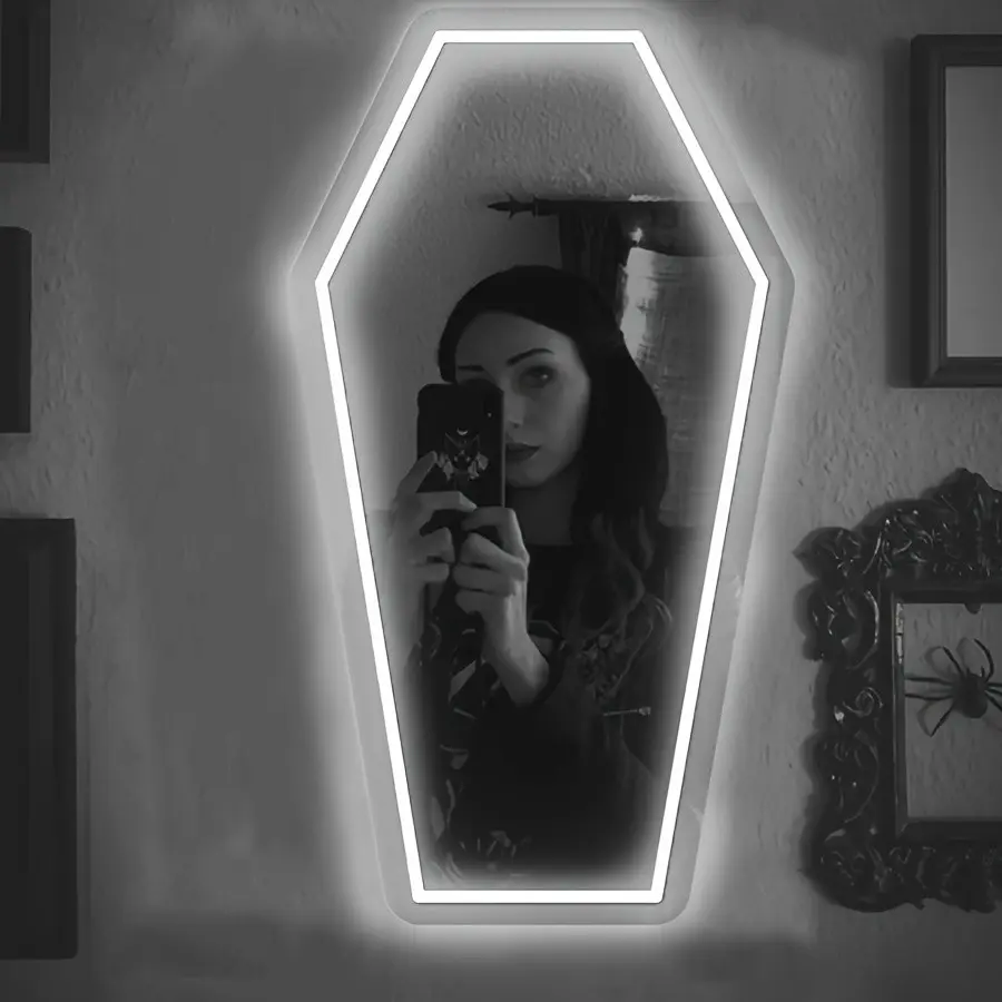 1pc Gothic Coffin-Shaped Neon Wall Mirror, USB Powered, Glass Surface, Horizontal, Irregular Decorative Art Style, Ideal for Dark Art Enthusiasts and Holiday Gifts, LED Wall Mirror