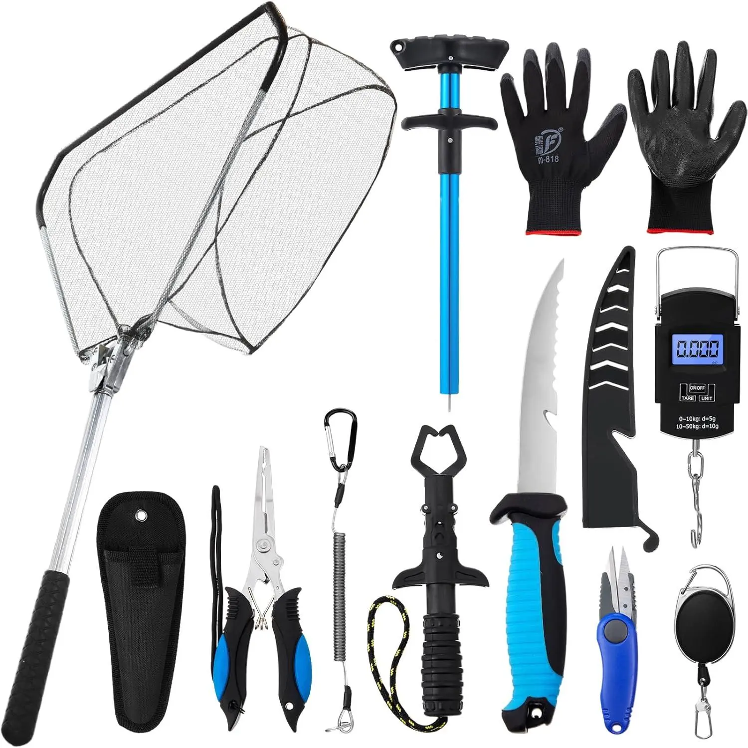 10 Pcs Fishing Tool Kit, Fishing Pliers with Lanyard & Sheath, Landing Net Fish Gripper Fillet Knife Full Set Fishing Accessories, Ideal Gift for Men Dad Fishing stuff fishhooks fishing bundle