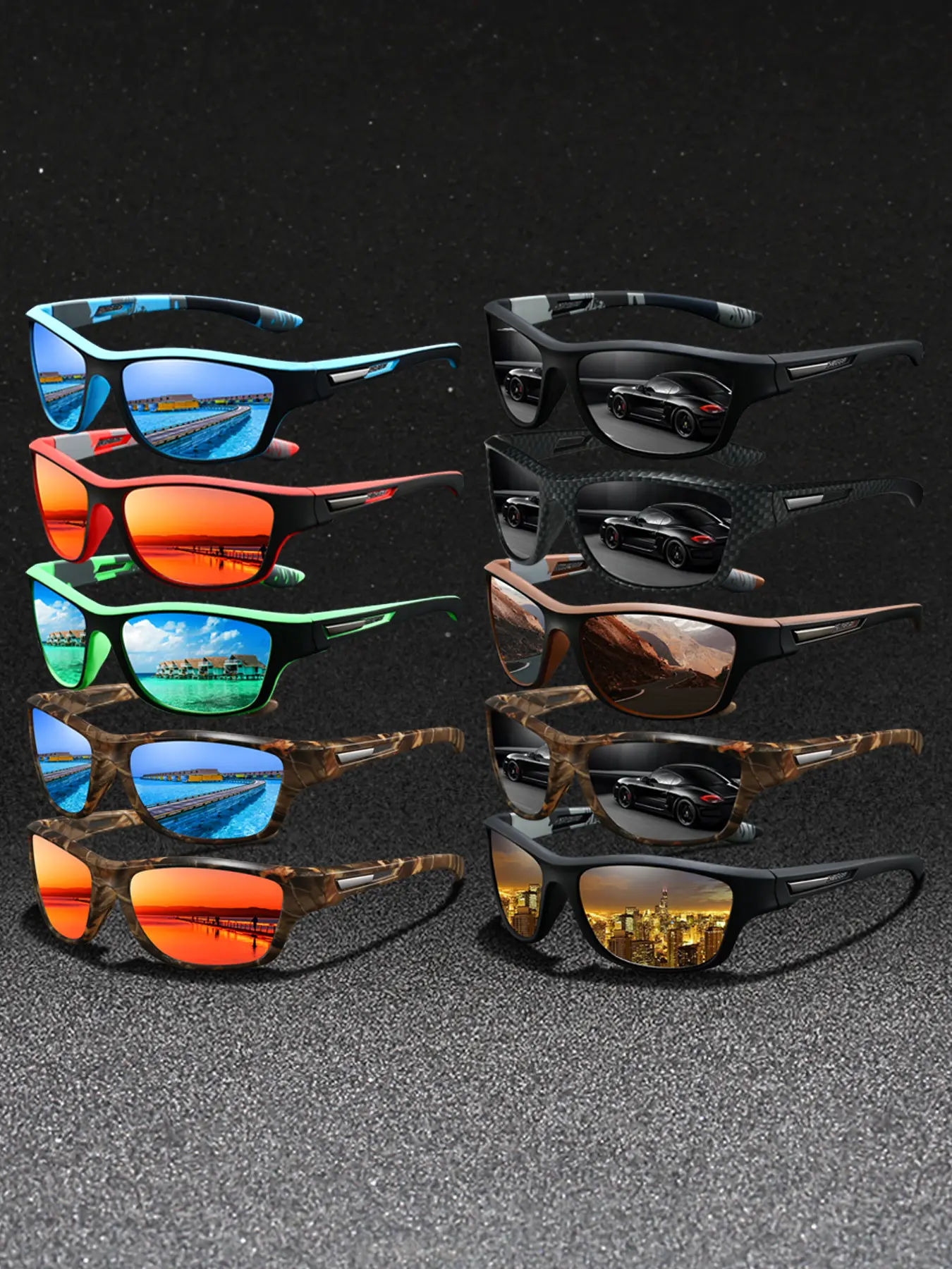 10pcs Latest camo pattern sunglasses for men and women, Outdoor sport sunglasses, Sports Outdoor Sunglasses, available in multiple colors. Features night vision lenses, UV400 protection, and comfortable rubber nose pads and temples