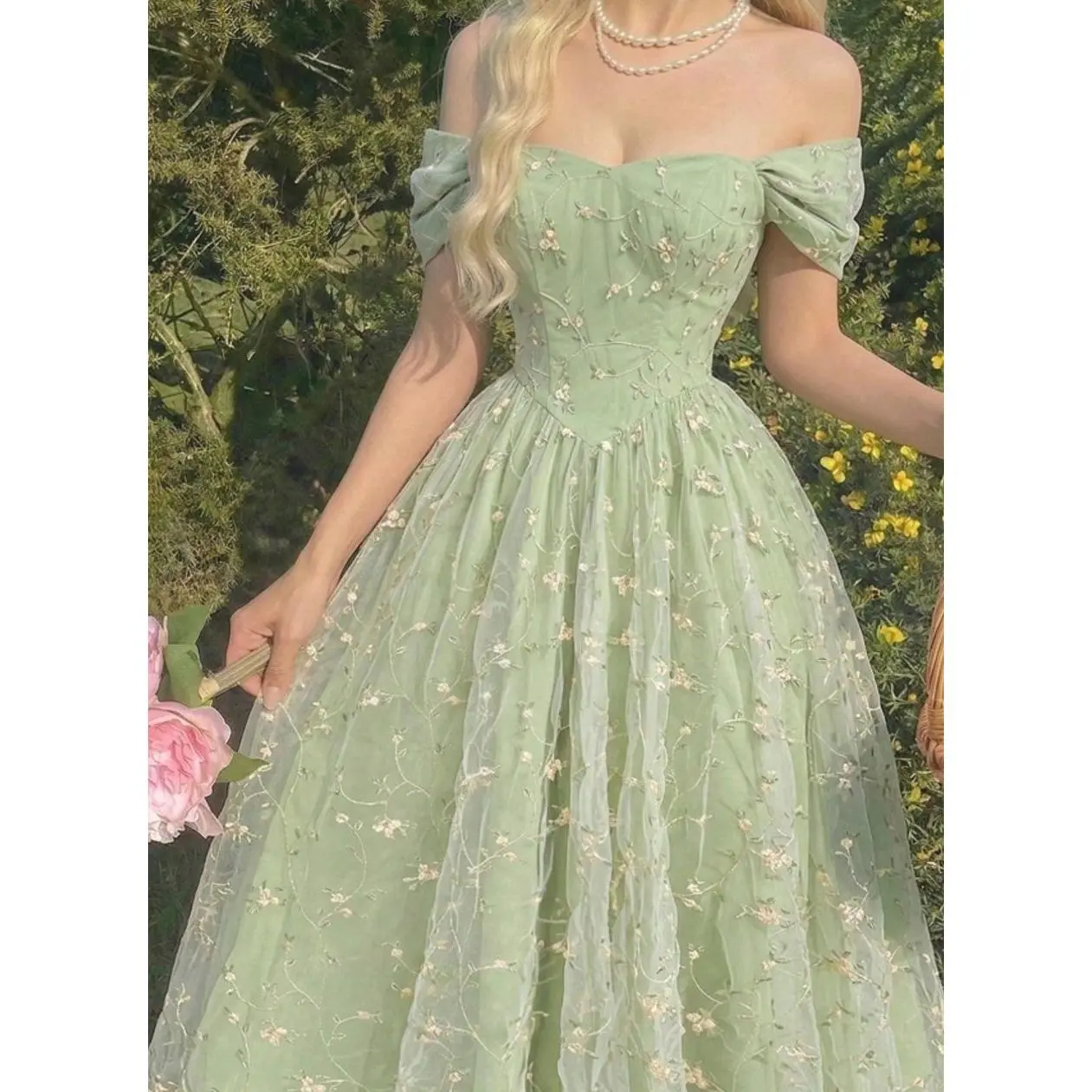 Women's Sage Off Shoulder Floral Embroidered Midi Dress, Elegant Ruffle Cottagecore Wedding Guest Garden Party Summer Dress
