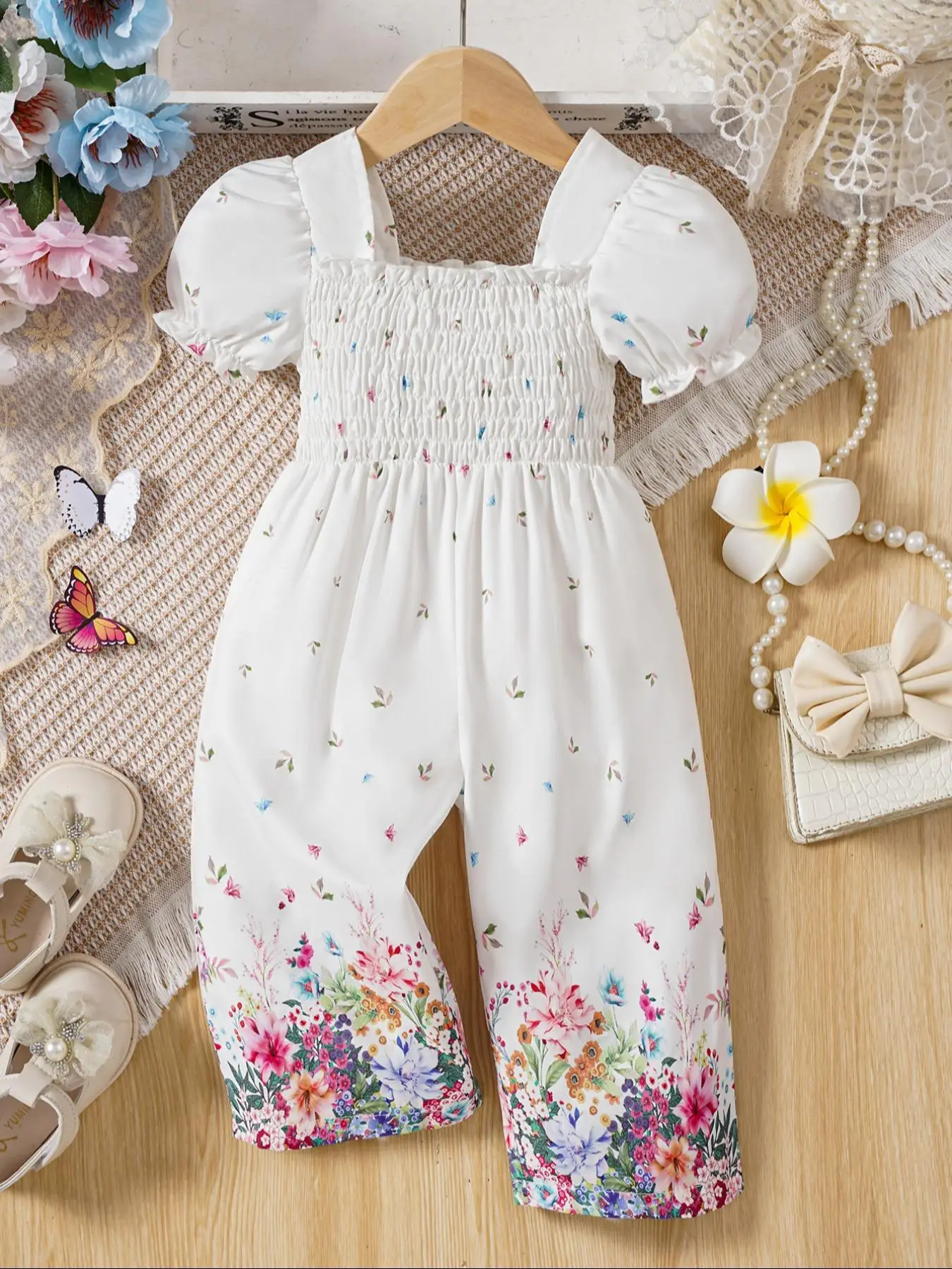 Baby Girl's Floral Print Bubble Sleeve Jumpsuit, Cute One-piece Outfit for Infant Toddler Kids Summer, Newborn Baby Girls Clothes, Baby Clothing, Baby