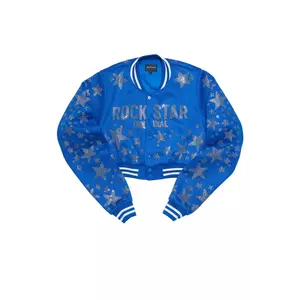 Shanda Royal Blue Crop Rhinestone Varsity Jacket