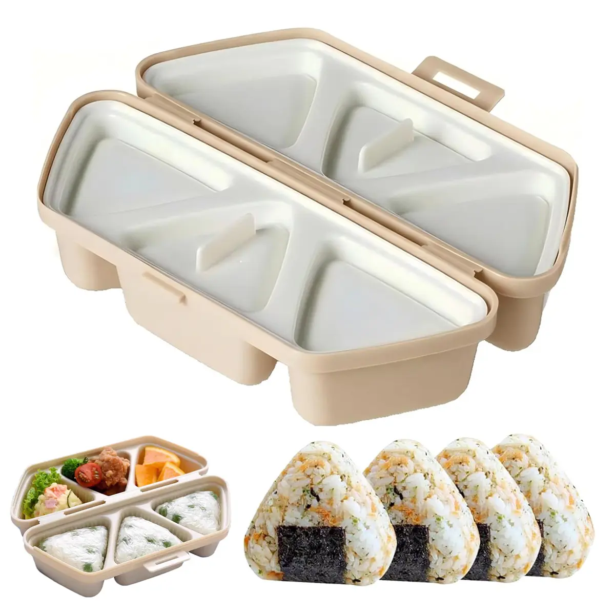 6-in-1 Onigiri Mold – Triangle Rice Ball Maker, Make 6 Sushi at Once, Non-Stick & Easy to Use, Beige
