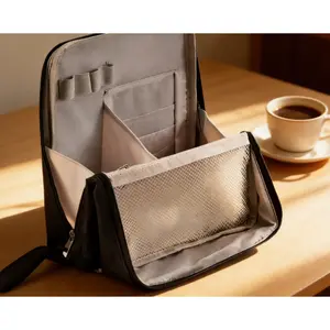 Vertical makeup storage hanging bag. The makeup storage hanging bag has large partitioned storage space, suitable for travel, business trips, and business travels. It can store cosmetics and organize stationery.