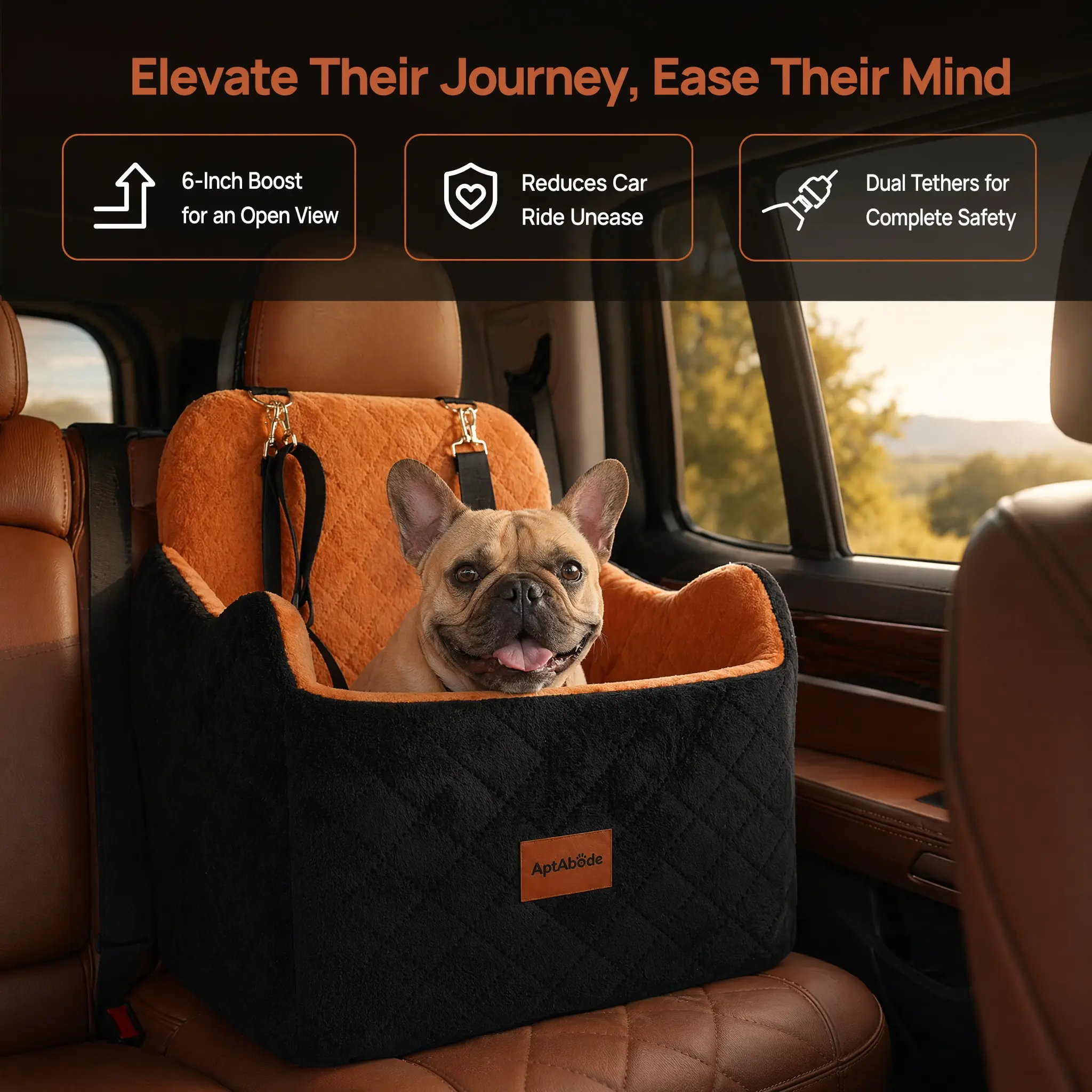 AptAbode dog car seat — a booster seat for cars with a storage pocket, pet car seat with clip-on safety leash, sponge filling, dog car bed for small and medium dogs up to 55 lb, fully detachable and washable memory foam cover, mounts to the back seat, sof