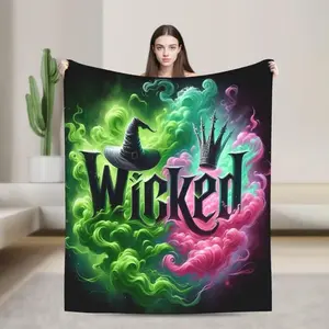 Wicked Anime-Themed Flannel Blanket - Vibrant Witch Hat & Crown Design, Soft All-Season Throw for Living Room, Sofa, Office & Travel - Multi-Purpose Home Decor Accessory, Animeinspired Design, Comfortable Texture, Halloween gift DreamyDwell Textiles