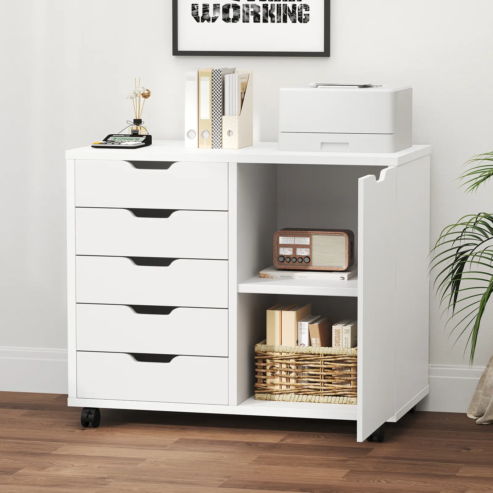 Rolling Wood File Cabinet with 5 Drawers - Adjustable Shelf Printer Stand & Mobile Storage for Home Office