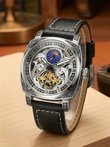 A men's silver retro trend casual business engraved moon-phase hollowed-out fully automatic mechanical wristwatch