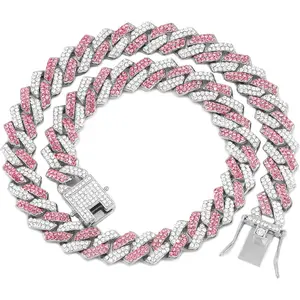 Gold Dog Chain Collar Diamond Cuban Collar Walking Metal Chain Collar with Design Secure Buckle Dog Collars for Medium Large Dogs (18inch, Pink-Silver)