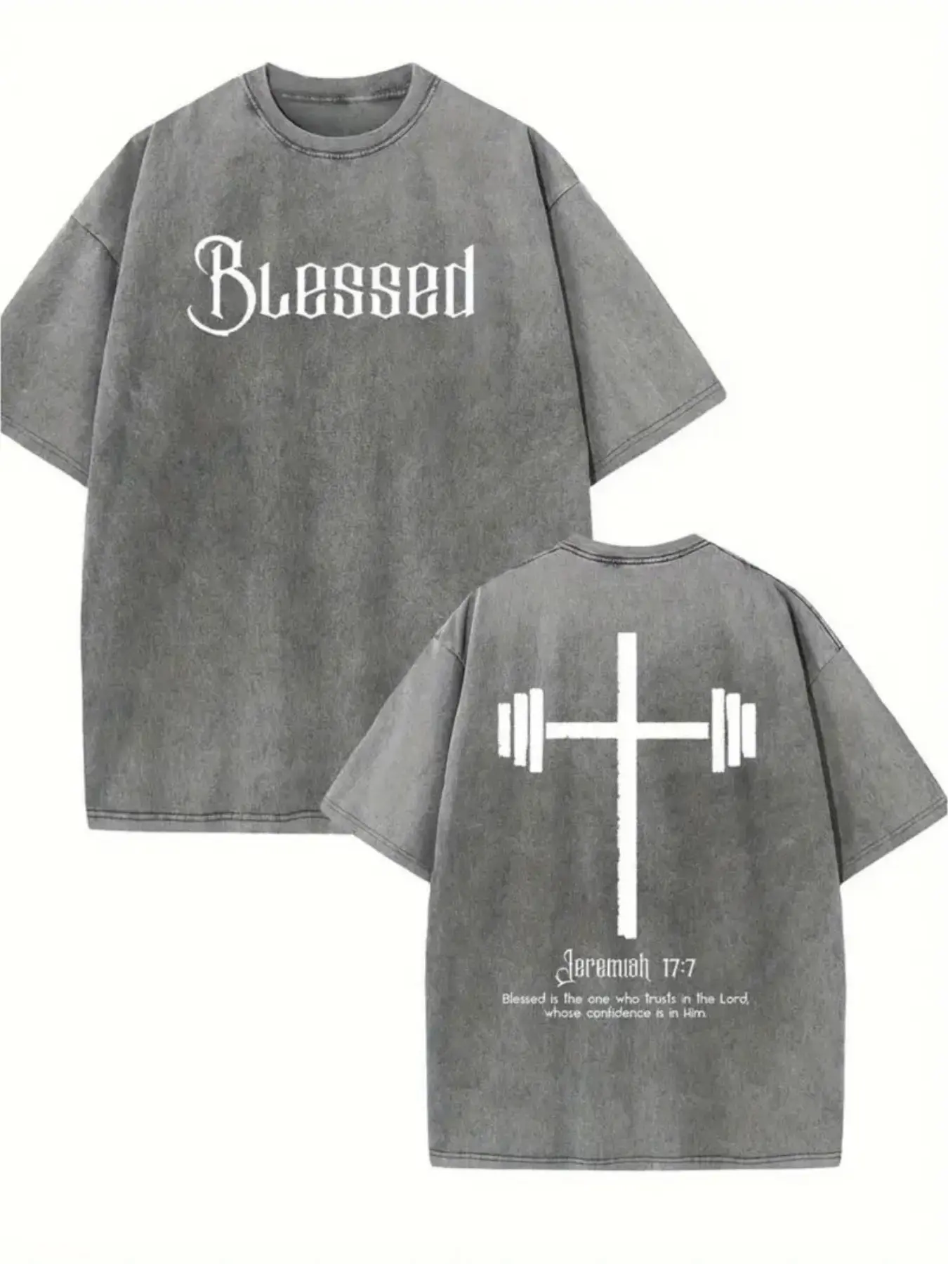 Men's 230g Heavyweight Distressed Washed Cotton T-Shirt - Oversized Retro Vintage Look with Blessed Lettering & Christian Cross Back Print, Loose Fit bakugo vintage