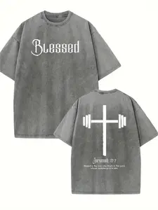 Men's 230g Heavyweight Distressed Washed Cotton T-Shirt - Oversized Retro Vintage Look with Blessed Lettering & Christian Cross Back Print, Loose Fit bakugo vintage