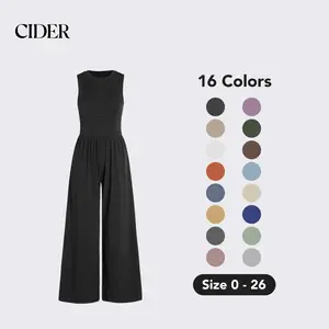 Cider Women's Round Neck Sleeveless Wide Leg Jumpsuit with Boning, Stretchy Pocket Jumpsuit, Summer Stretch Wide Leg Romper, Lady Comfortable Boning Jumpsuit, Casual Stretchy Pocket Outfits, Downtown Girl Summer Clothes