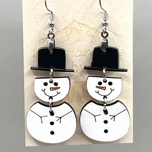 Wooden dangle snowman earrings - Lightweight