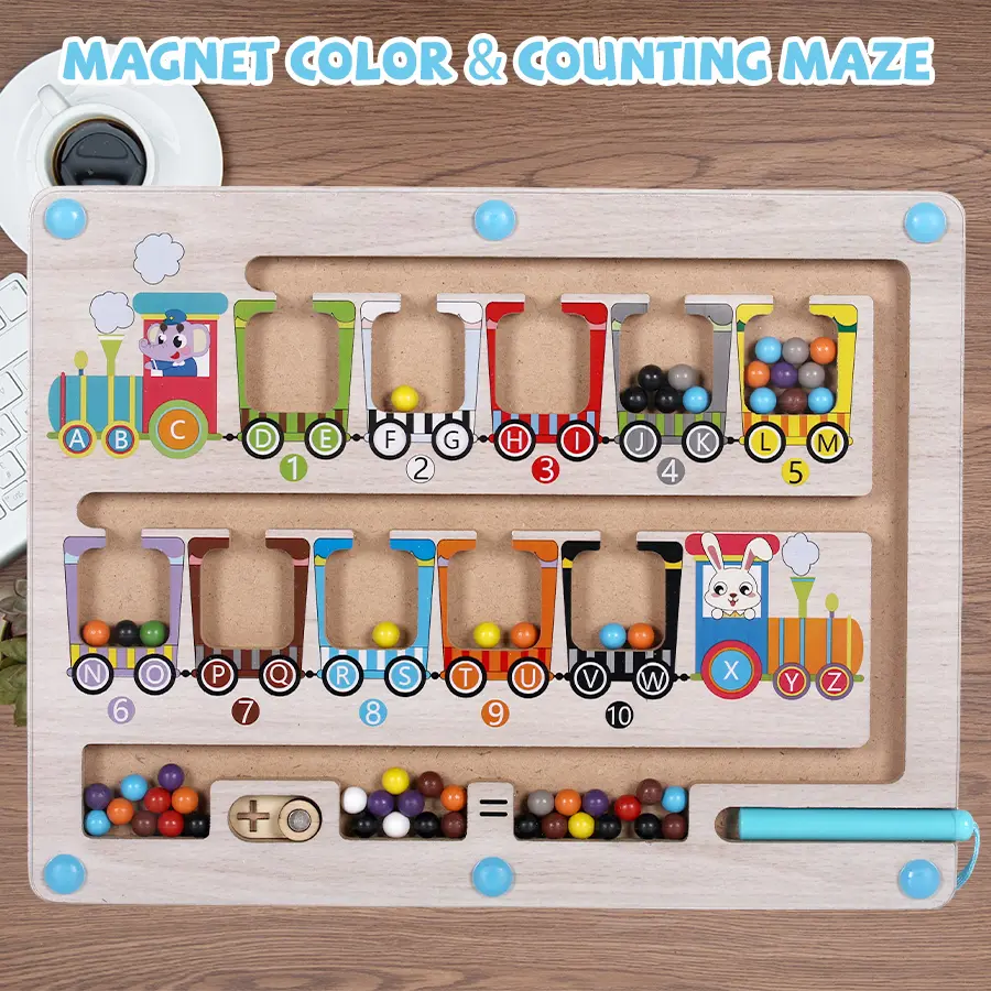 Mini Train Wooden Magnetic Color & Number Maze Toy - Magnetic Ball Puzzle for 2-5 Years Boys & Girls, Brown, All-Season Children's Development Toy, Teaches Color Recognition, Boosts Focus & Patience, Holiday Toddler Gift