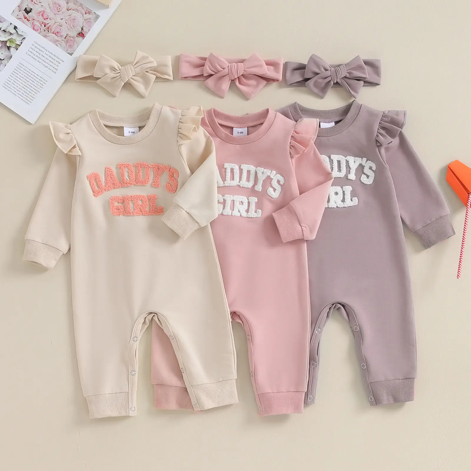 Newborn Baby Girl Romper Daddy's Girl Ruffle Long Sleeve Jumpsuit Headband Infant Fall Winter Clothes