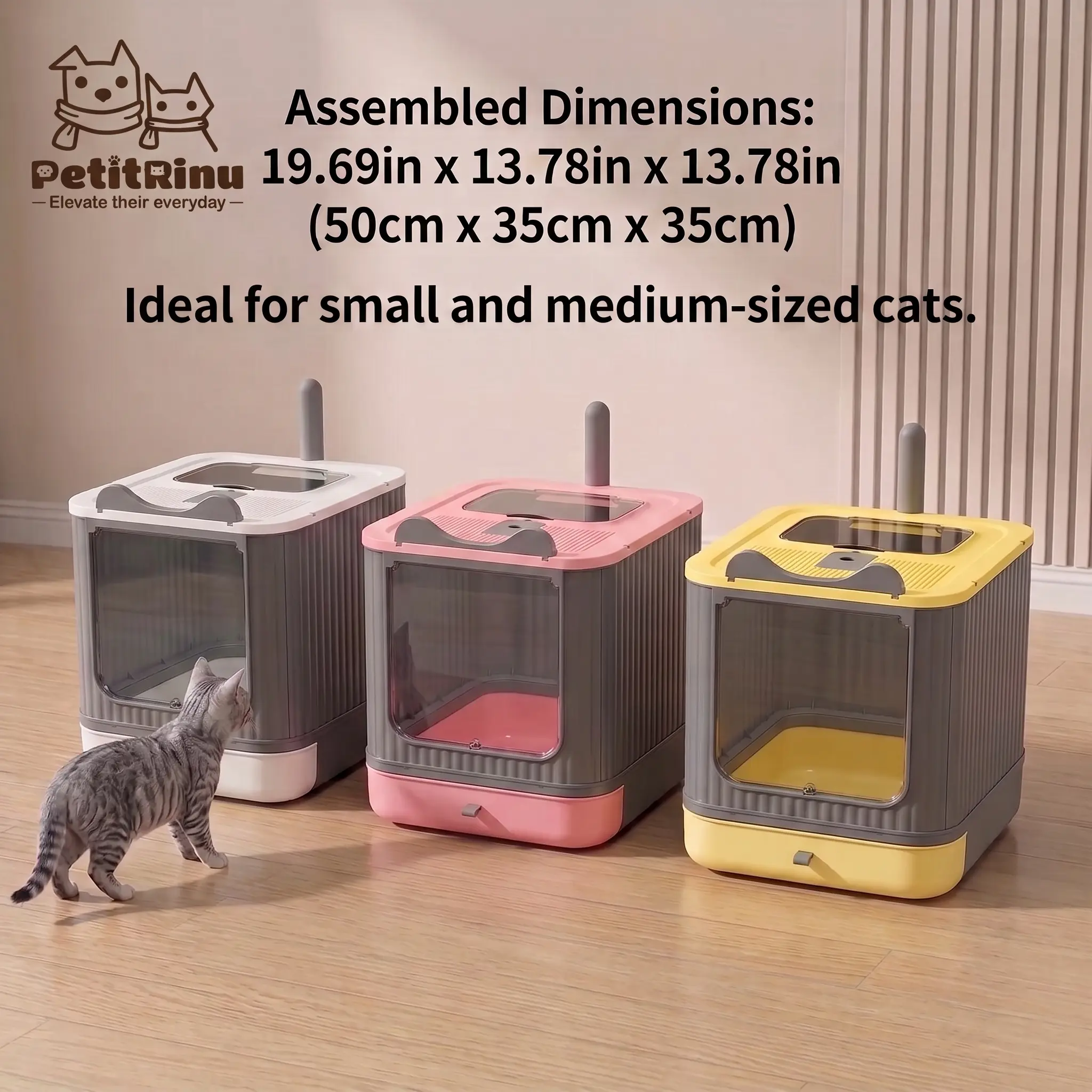 Foldable Enclosed Litterbox for Small & Medium Indoor Cats (Up to 15 lbs) - Durable PP+PS Plastics, Dual Tone, Anti-Tracking Top-Exit Grate, Easy Scoop, Easy-Slide Drawer Tray, Odor Control Solutions, Minimalist Grey & Pink Home Decor Space Saver