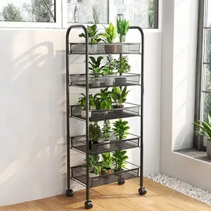 5 Tier Metal Mesh Storage Trolley, Kitchen Trolley with Wheels, Vegetable Trolley, for Bedroom, Kitchen, Bathroom, Living Room, 44 x 26 x 102，Black