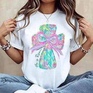 Vibrant Cross and Bow Design Cotton Casual Round Neck Short Sleeve Summer T Shirt With He Is Risen Graphic Print Machine Washable not Dry Clean Made in USA