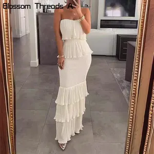 Fashionable and Elegant Women's Solid Color Sleeveless Strapless Ruched Pleated Ruffle Long Dress