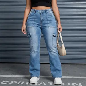 Women's light blue elastic multi pocket flared jeans