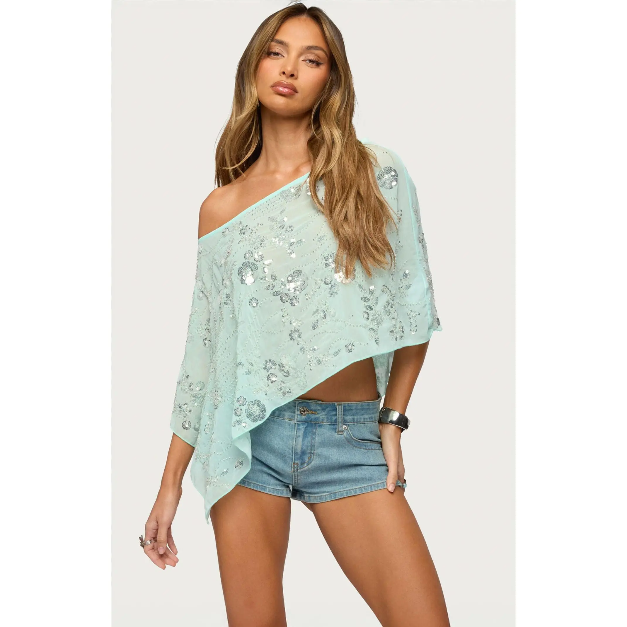 Edikted Women's Triana Bead and Sequin Chiffon Poncho