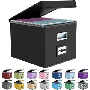 Upgraded Portable File Organizer Box, Large Linen Hanging Office Document Storage Box with Lid - Black, Collapsible Filing & Storage Boxes for Office/Decor/Home - 14.9 x 12.59 x 10.8 inch