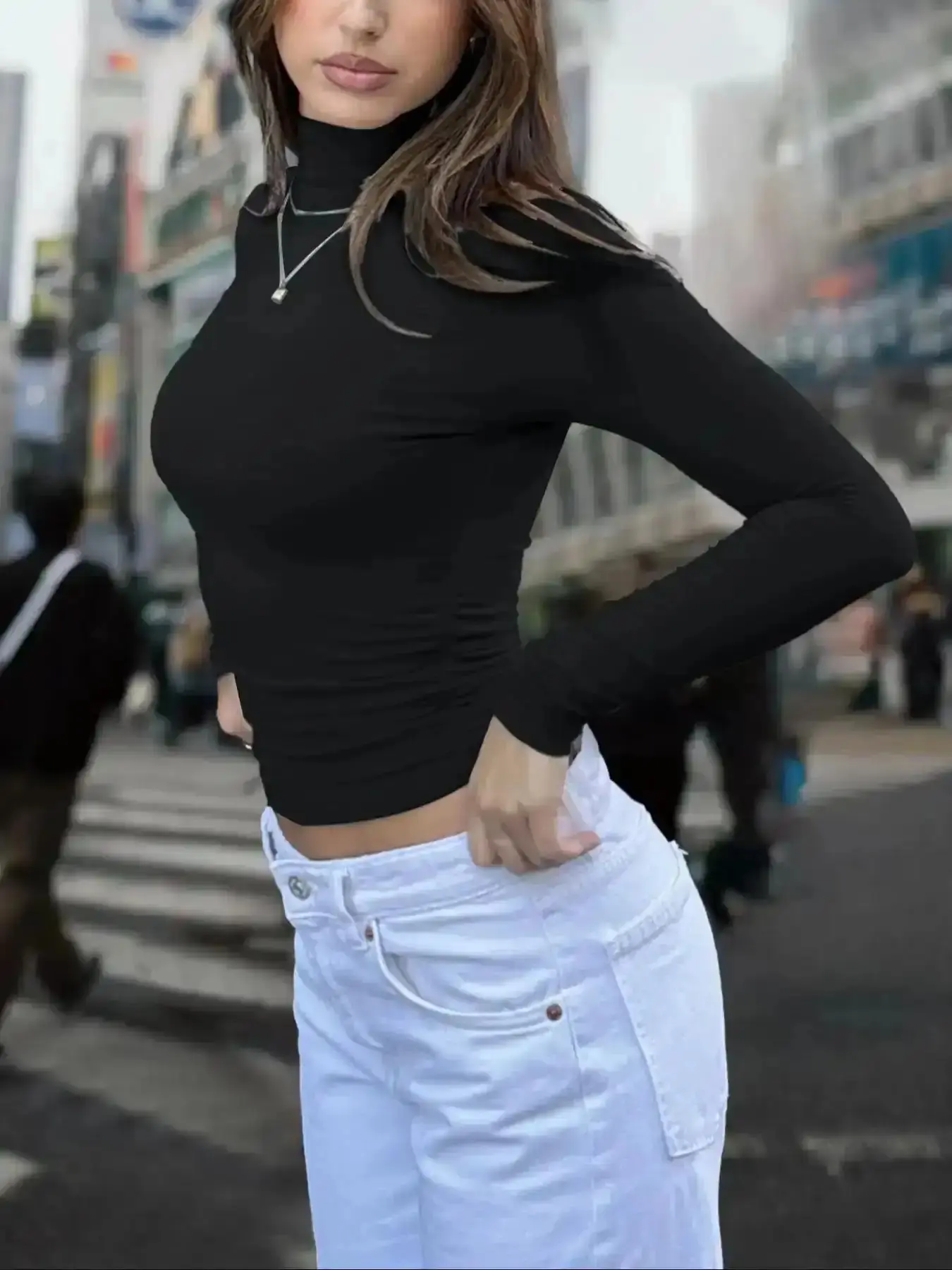 Women's Black Turtleneck Long Sleeve Slim Fit Crop Top Basic Solid Mock Neck Tee Sexy Tight Fit Stretch Casual Streetwear Fashion Party Clubwear Autumn Winter Outfit Top for Lady, Casual Comfy Top, Casual Chic, Soft