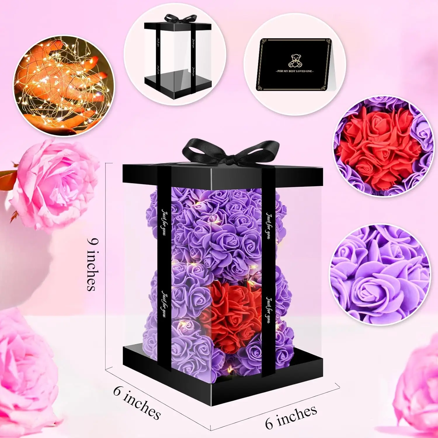 Luminous Purple Rose Flower Light-Up Bear Hand Ornament Set with 9" Gift Box Display, Home & Office Decor Centerpiece, Party Favor Festive Gift for Mom (Mother's Day, Valentine's Day, Christmas)