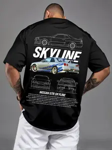 Men's Nissan Skyline GTR R34 Graphic Casual Streetwear T-Shirt - Oversized JDM Car Enthusiast Tee, Fast & Furious Inspired Shirt, Vintage Blueprint Design, Perfect Gift for Car Lovers, Drifting Fans & Tuners